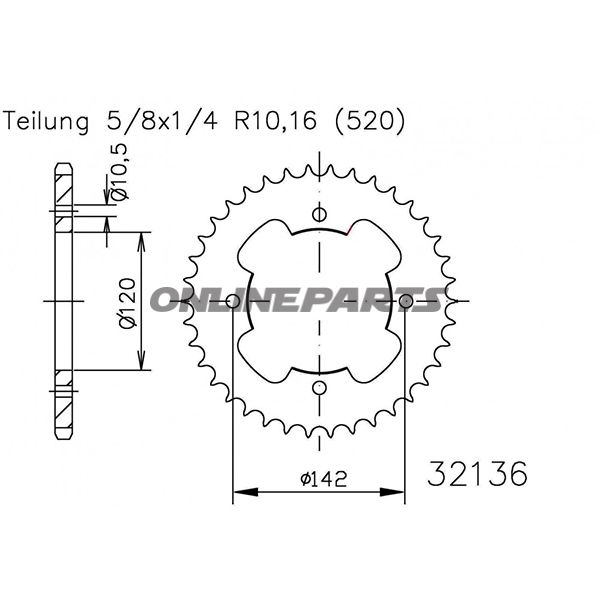 Rear Sprocket 38Tooth Pitch 520 Blackinner Diameter 120 Bolt Spacing 142