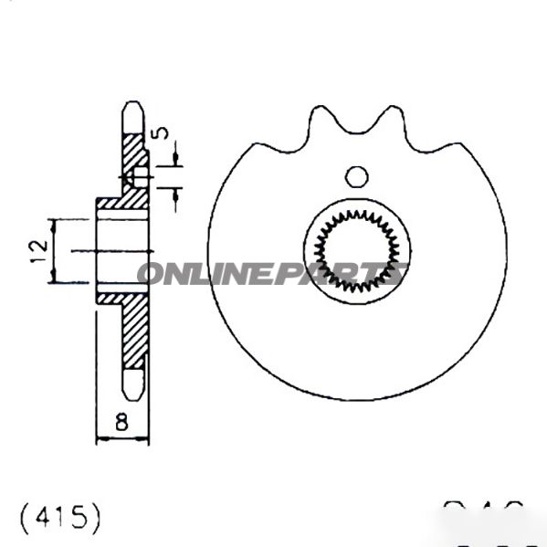 Fortandhjul 12 T, Størrelse 415Narrow Spline Inner Diameter 12/13