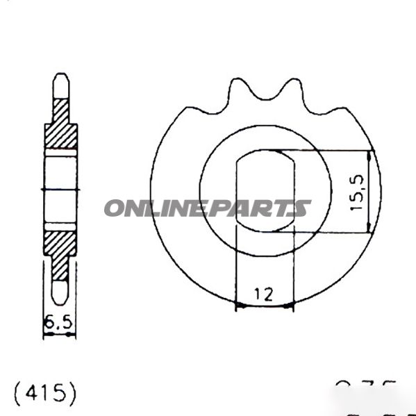 Fortandhjul 12 T, Størrelse 415Elongated Hole 12.15/15.5