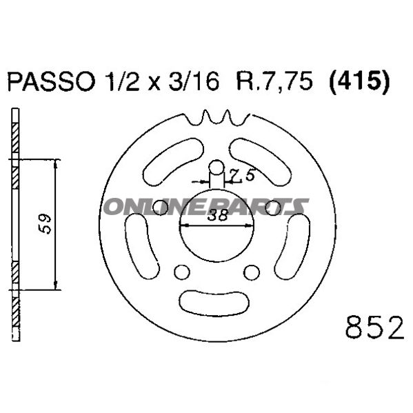 Bagtandhjul 45 T, Størrelse 415Inner Diameter 38 Bolt Spacing 59