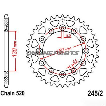 Bagtandhjul 38 T, Størrelse 520Inner Diameter 130 Bolt Spacing 150