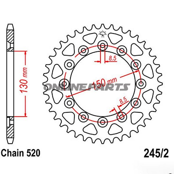 Bagtandhjul 38 T, Størrelse 520Inner Diameter 130 Bolt Spacing 150