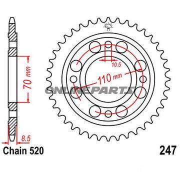 Bagtandhjul 36 T, Størrelse 520Inner Diameter 70 Bolt Spacing 110