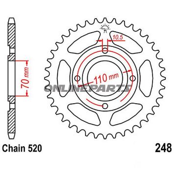 Bagtandhjul 44 T, Størrelse 520Inner Diameter 70 Bolt Spacing 110