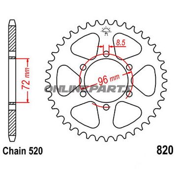 Bagtandhjul 42 T, Størrelse 520Inner Diameter 72 Bolt Spacing 96