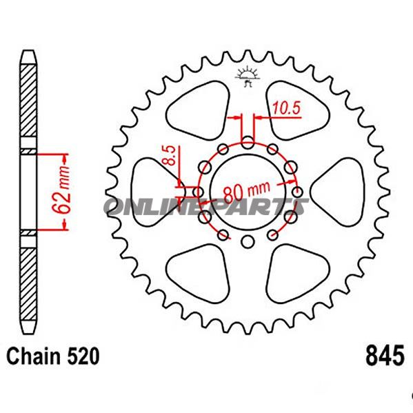 Bagtandhjul 45 T, Størrelse 520Inner Diameter 62 Bolt Spacing 80