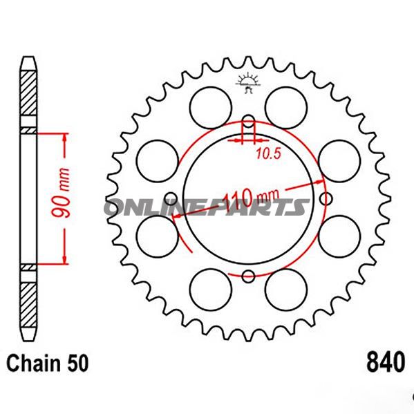 Bagtandhjul 38 T, Størrelse 530Inner Diameter 90 Bolt Spacing 110