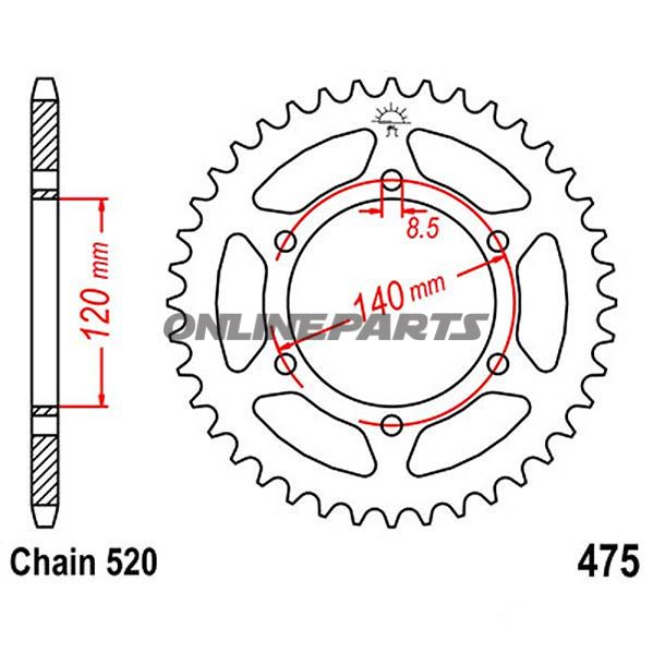 Bagtandhjul 44 T, Størrelse 520Inner Diameter 120 Bolt Spacing 140