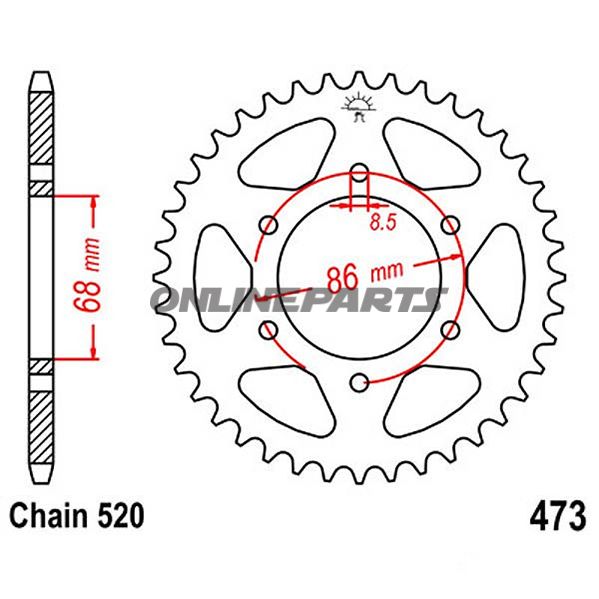 Bagtandhjul 37 T, Størrelse 520Inner Diameter 68 Bolt Spacing 86
