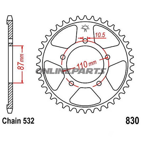 Bagtandhjul 46 T, Størrelse 532Inner Diameter 87 Bolt Spacing 110