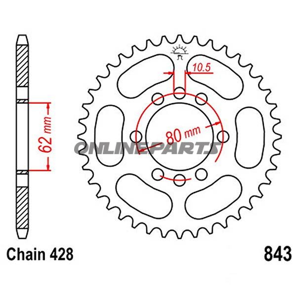 Bagtandhjul 49 T, Størrelse 428Inner Diameter 62 Bolt Spacing 80