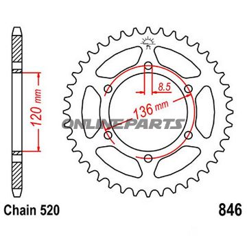 Bagtandhjul 41 T, Størrelse 520Inner Diameter 120 Bolt Spacing 136