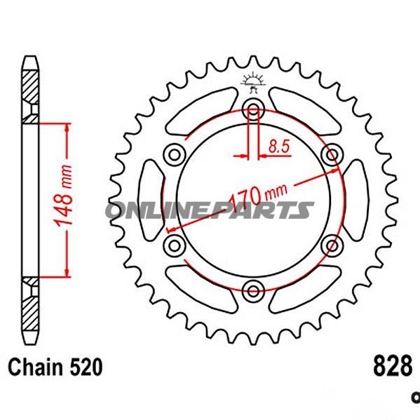 Bagtandhjul 47 T, Størrelse 520Inner Diameter 148 Bolt Spacing 170