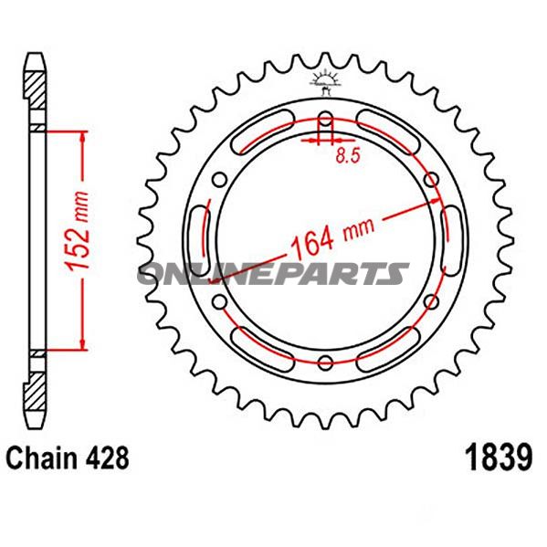 Bagtandhjul 55 T, Størrelse 428Inner Diameter 152 Bolt Spacing 164