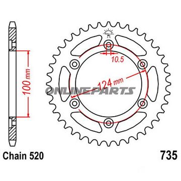 Bagtandhjul 39 T, Størrelse 520Inner Diameter 100 Bolt Spacing 124