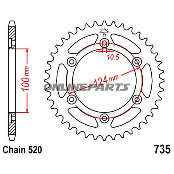 Bagtandhjul 39 T, Størrelse 520Inner Diameter 100 Bolt Spacing 124