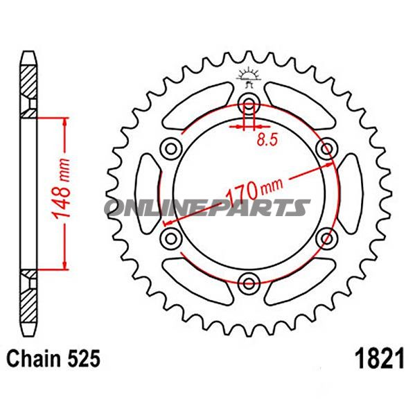 Bagtandhjul 47 T, Størrelse 525Inner Diameter 148 Bolt Spacing 170