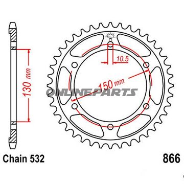 Bagtandhjul 38 T, Størrelse 532Inner Diameter 130 Bolt Spacing 150