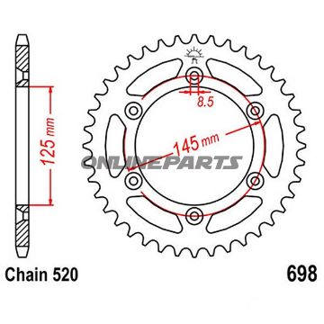 Bagtandhjul 44 T, Størrelse 520Inner Diameter 125 Bolt Spacing 145