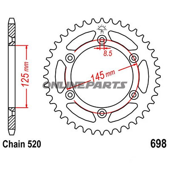 Bagtandhjul 44 T, Størrelse 520Inner Diameter 125 Bolt Spacing 145
