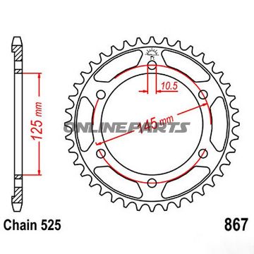 Bagtandhjul 42 T, Størrelse 525Inner Diameter 125 Bolt Spacing 145