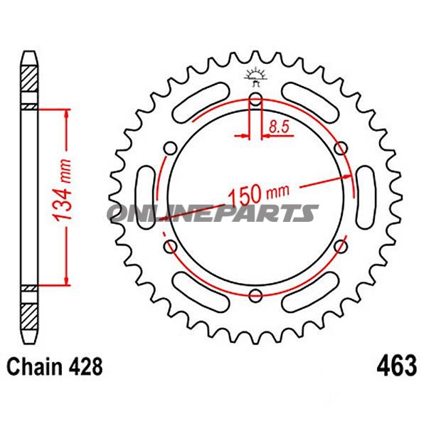 Bagtandhjul 48 T, Størrelse 428Inner Diameter 134 Bolt Spacing 150