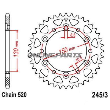 Bagtandhjul 43 T, Størrelse 520Inner Diameter 130 Bolt Spacing 150