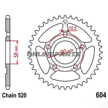Bagtandhjul 36 T, Størrelse 520Inner Diameter 58 Bolt Spacing 90