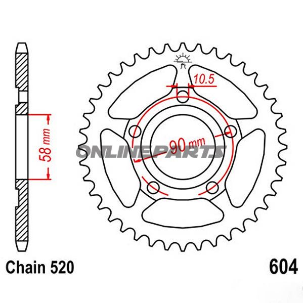 Bagtandhjul 36 T, Størrelse 520Inner Diameter 58 Bolt Spacing 90