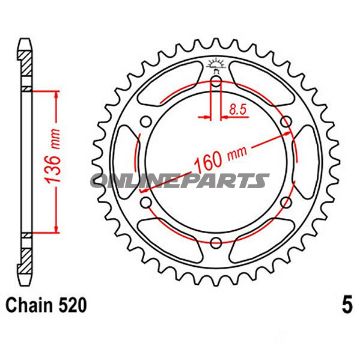 Bagtandhjul 49 T, Størrelse 520Inner Diameter 136 Bolt Spacing 160