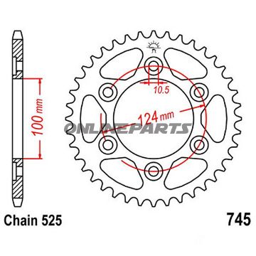 Bagtandhjul 42 T, Størrelse 525Inner Diameter 100 Bolt Spacing 124
