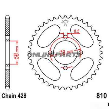Bagtandhjul 41 T, Størrelse 428Inner Diameter 58 Bolt Spacing 78