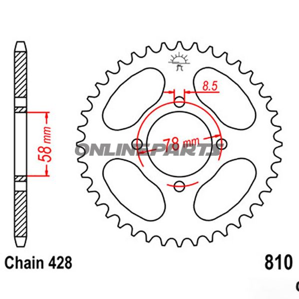 Bagtandhjul 41 T, Størrelse 428Inner Diameter 58 Bolt Spacing 78