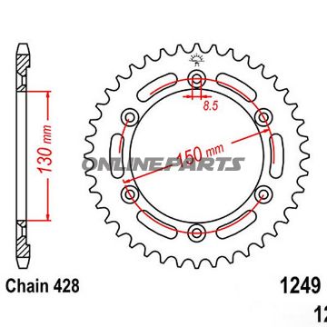 Bagtandhjul 51 T, Størrelse 428Inner Diameter 130 Bolt Spacing 150