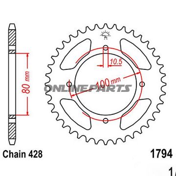 Bagtandhjul 45 T, Størrelse 428Inner Diameter 80 Bolt Spacing 100