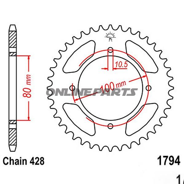 Bagtandhjul 45 T, Størrelse 428Inner Diameter 80 Bolt Spacing 100