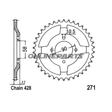 Bagtandhjul 50 T, Størrelse 428Inner Diameter 58 Bolt Spacing 90