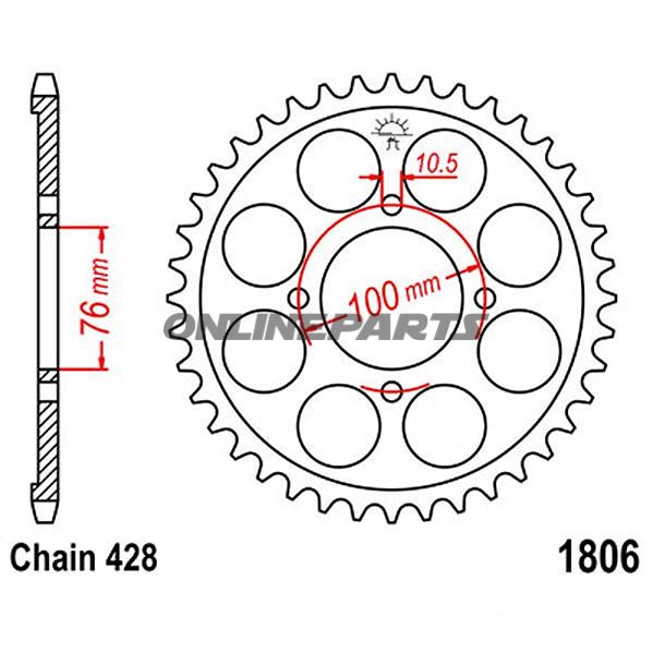 Bagtandhjul 56 T, Størrelse 428Inner Diameter 76 Bolt Spacing 100