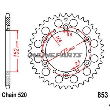 Bagtandhjul 49 T, Størrelse 520Inner Diameter 152 Bolt Spacing 175