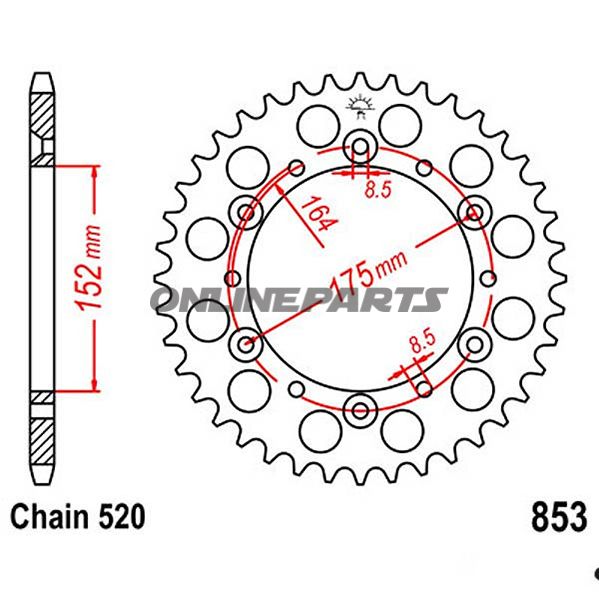 Bagtandhjul 49 T, Størrelse 520Inner Diameter 152 Bolt Spacing 175