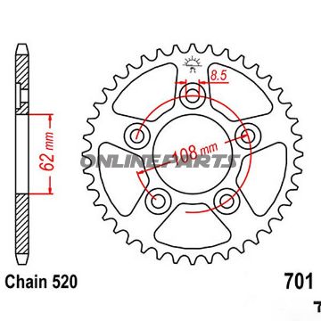 Rear Sprocket 38 Tooth 520 Silverinner Diameter 62 Bolt Spacing 108