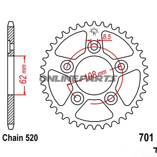 Rear Sprocket 38 Tooth 520 Silverinner Diameter 62 Bolt Spacing 108