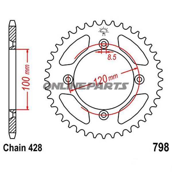 Rear Sprocket 52 Tooth Pitch 428Inner Diameter 100 Bolt Spacing 120