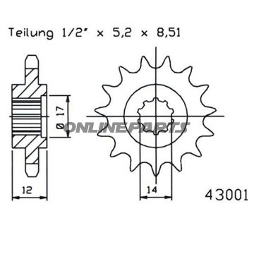 Front Sprocket 13 Tooth Pitch 420Narrow Spline Inner Diameter 14/16.5