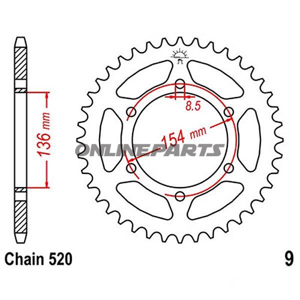 Rear Sprocket 47 Tooth Pitch 520Inner Diameter 136 Bolt Spacing 154