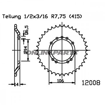 Rear Sprocket 44 Tooth 415 Blackinner Diameter 94 Bolt Spacing 106