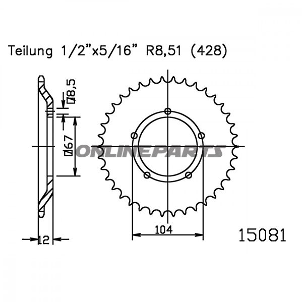 Rear Sprocket 55 Tooth Pitch 428Inner Diameter 067 Bolt Spacing 104