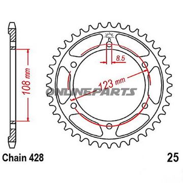 Rear Sprocket 60 Tooth 428 Pitch Blackinner Diameter 108 Bolt Spacing 123