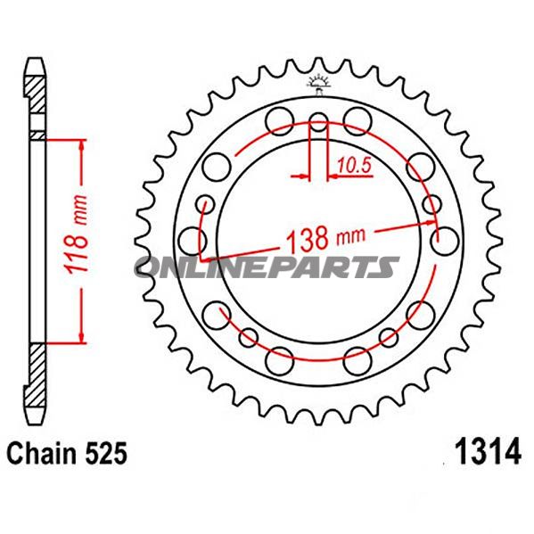 Rear Sprocket 39 Tooth 525 Pitchinner Diameter 118 Bolt Spacing 138
