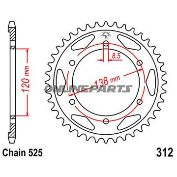 Rear Sprocket 38 Tooth Pitch 525Inner Diameter 120 Bolt Spacing 138